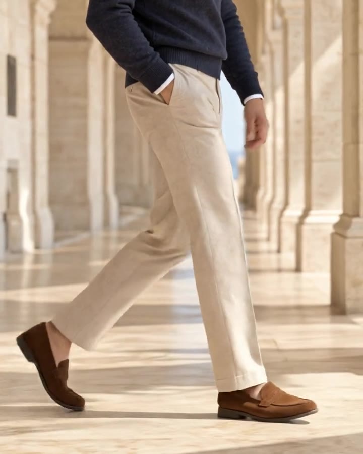 A man in chinos and suede loafers walking under a stone arcade