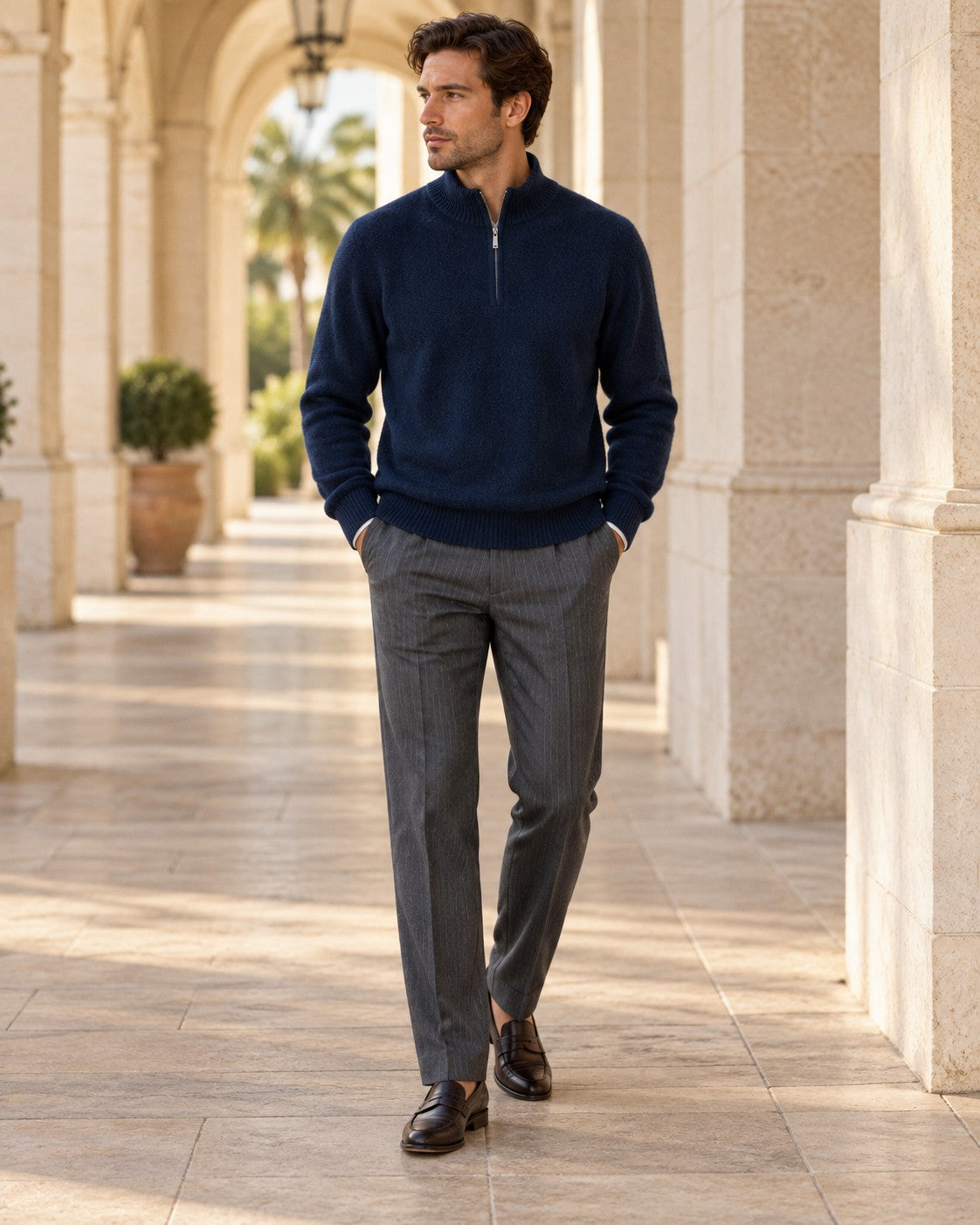 Man wearing the Palm Beach Half-Zip Outfit: navy wool half-zip pullover and charcoal pinstripe trousers
