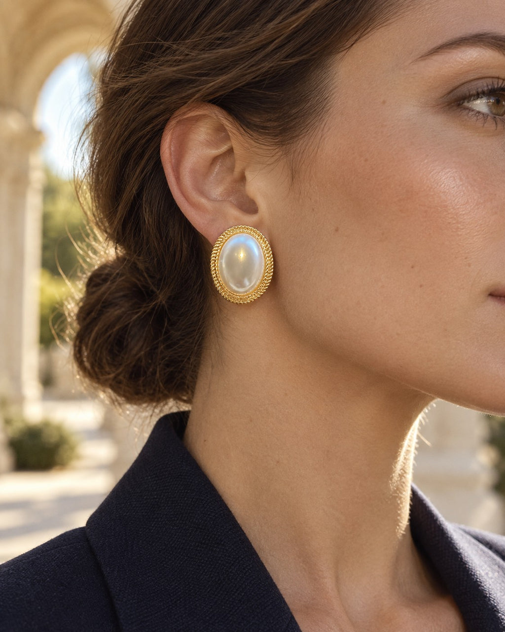 Pearl Accent Earrings in Gold — on model