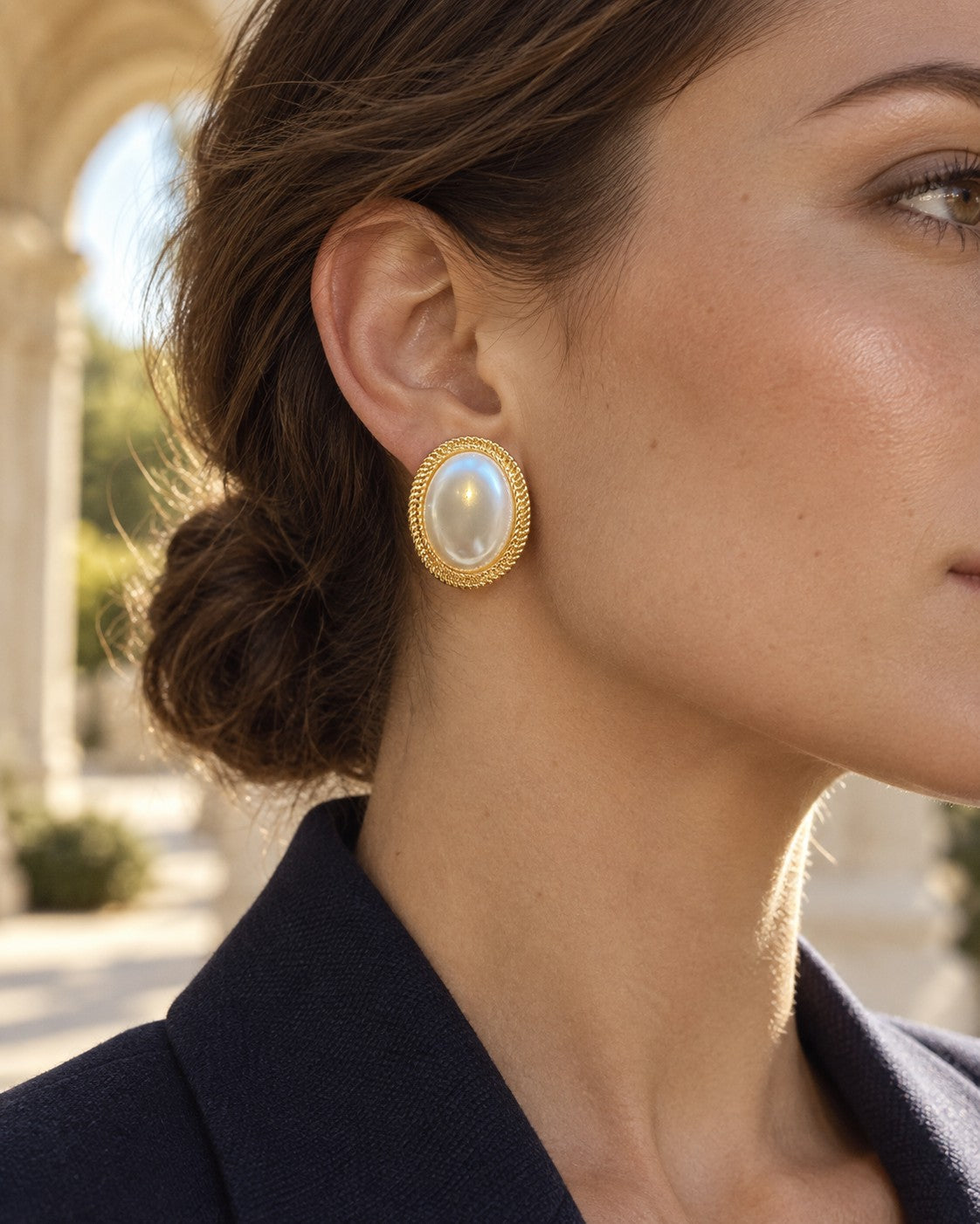 Pearl Accent Earrings in Gold — on model