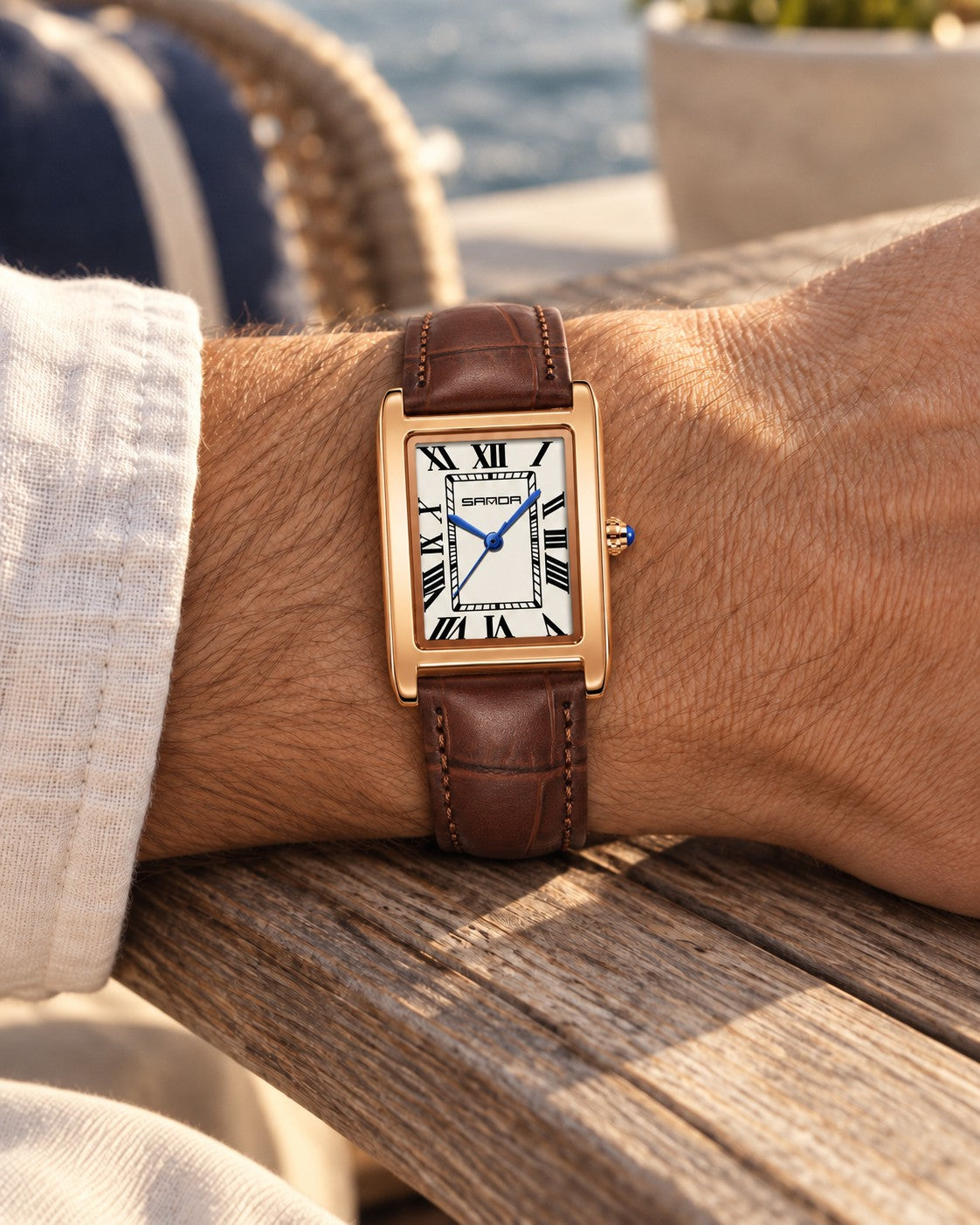 Rectangular Roman Numeral Watch in Brown/Rose Gold — on the wrist