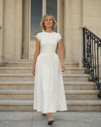 Cap-Sleeve Polka Dot Maxi Dress in White — on model
