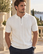 Ribbed Half-Zip Polo in White — on model