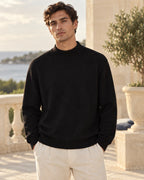 Ribbed Mock-Neck Sweater in Black — on model