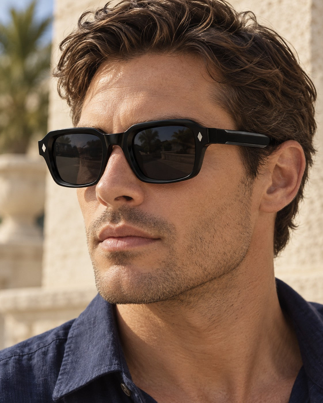 Riveted Square-Frame Sunglasses in Black/Black — worn