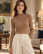 Seamless Wool-Blend Mock-Neck Sweater in Camel — on model