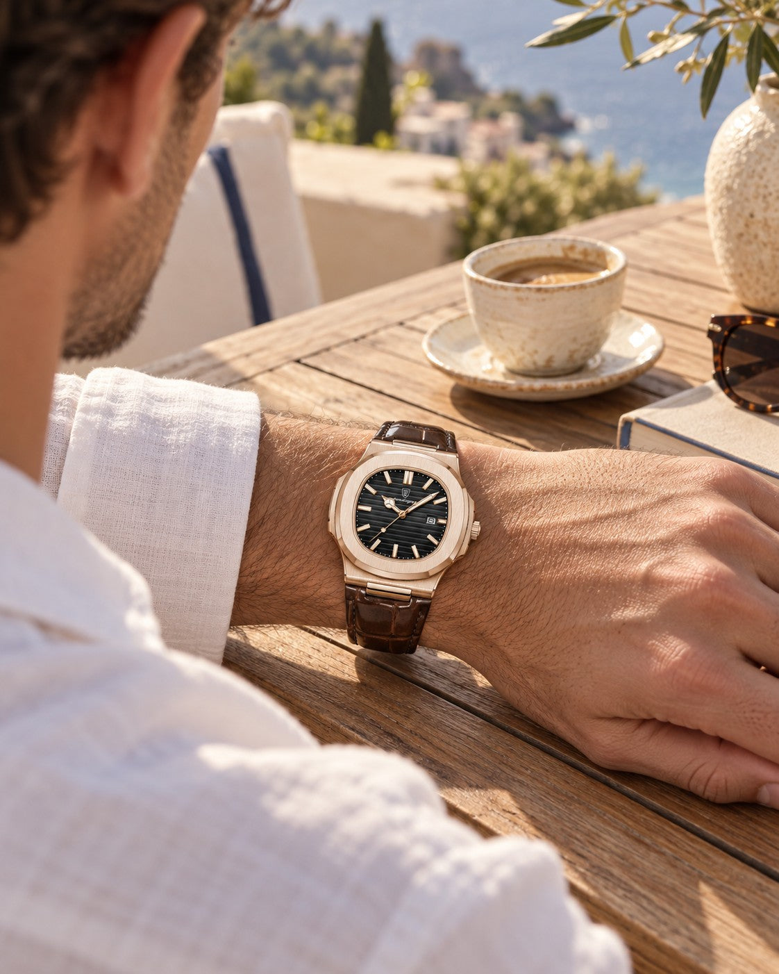 Slim Octagonal Bezel Watch in Rose Gold/Black — on the wrist