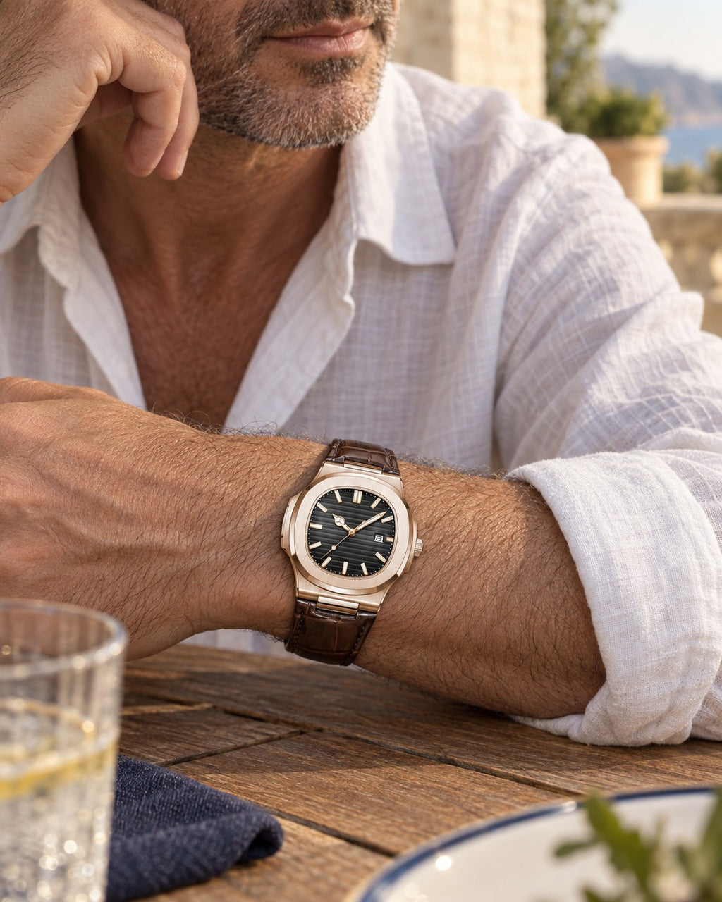 Slim Octagonal Bezel Watch in Rose Gold/Black — on the wrist