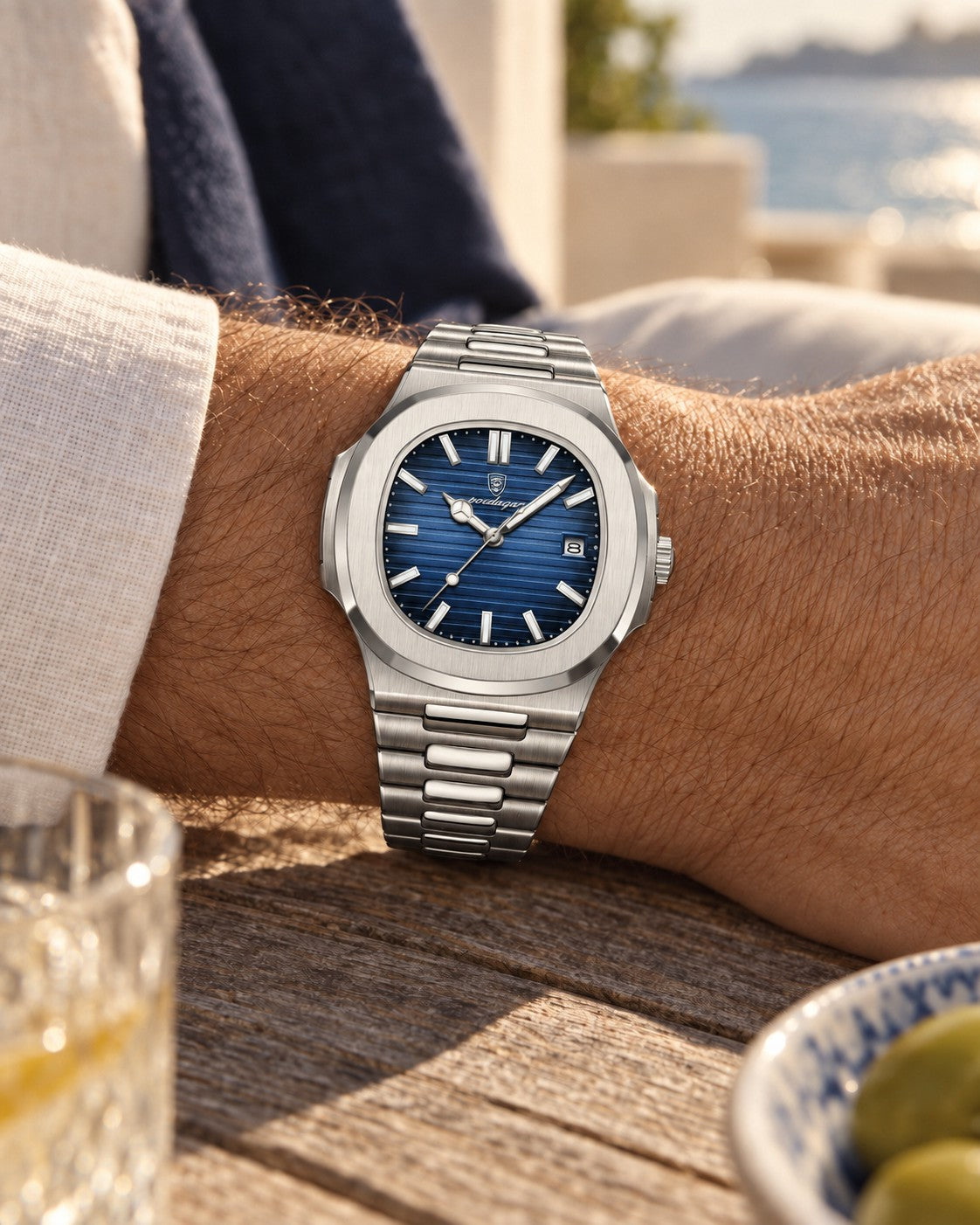 Slim Square Dial Watch in Silver/Blue — on the wrist