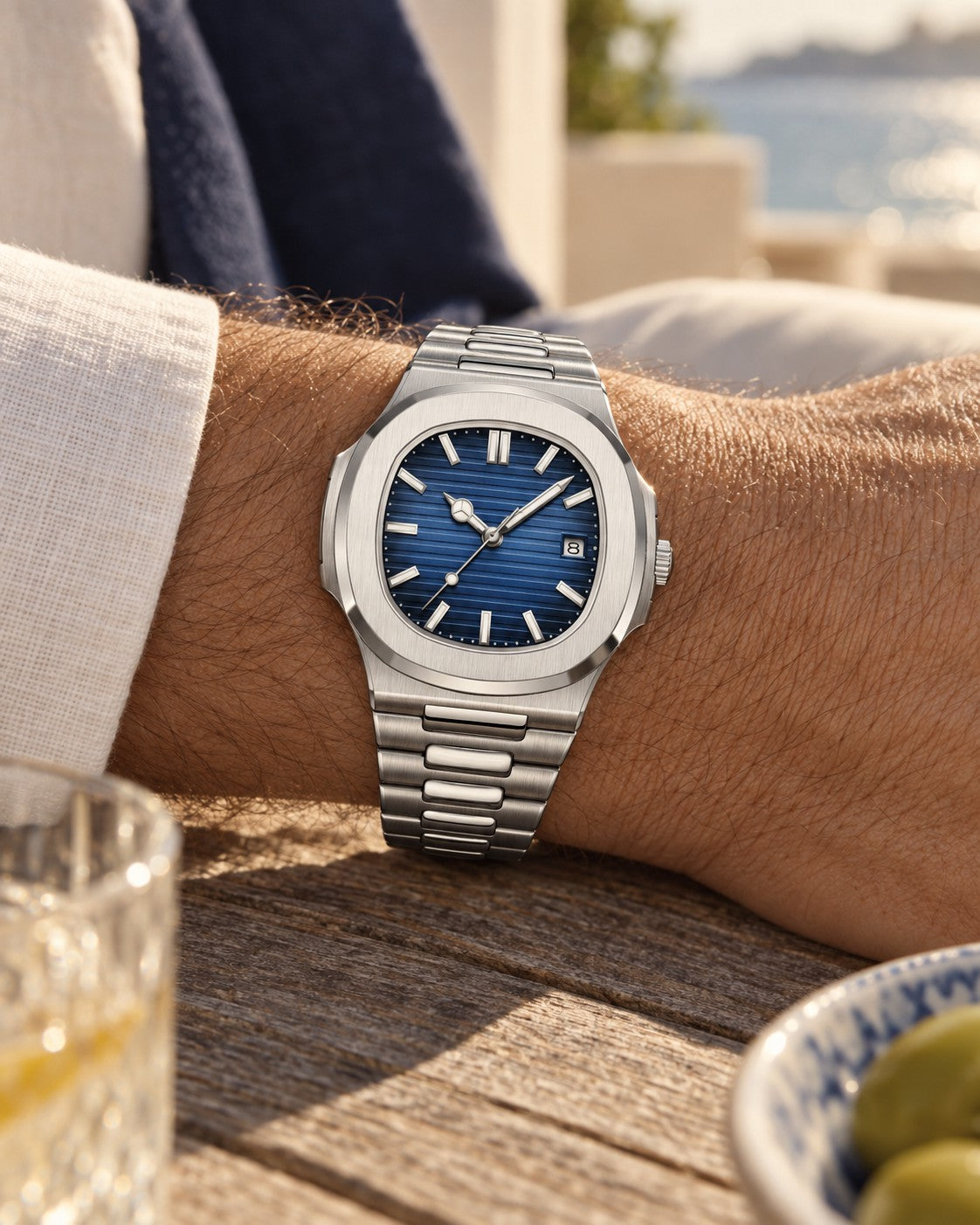 Slim Square Dial Watch in Silver/Blue — on the wrist