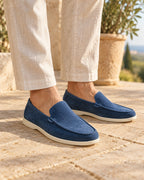 Soft Suede Slip-On Loafers in Navy — on model