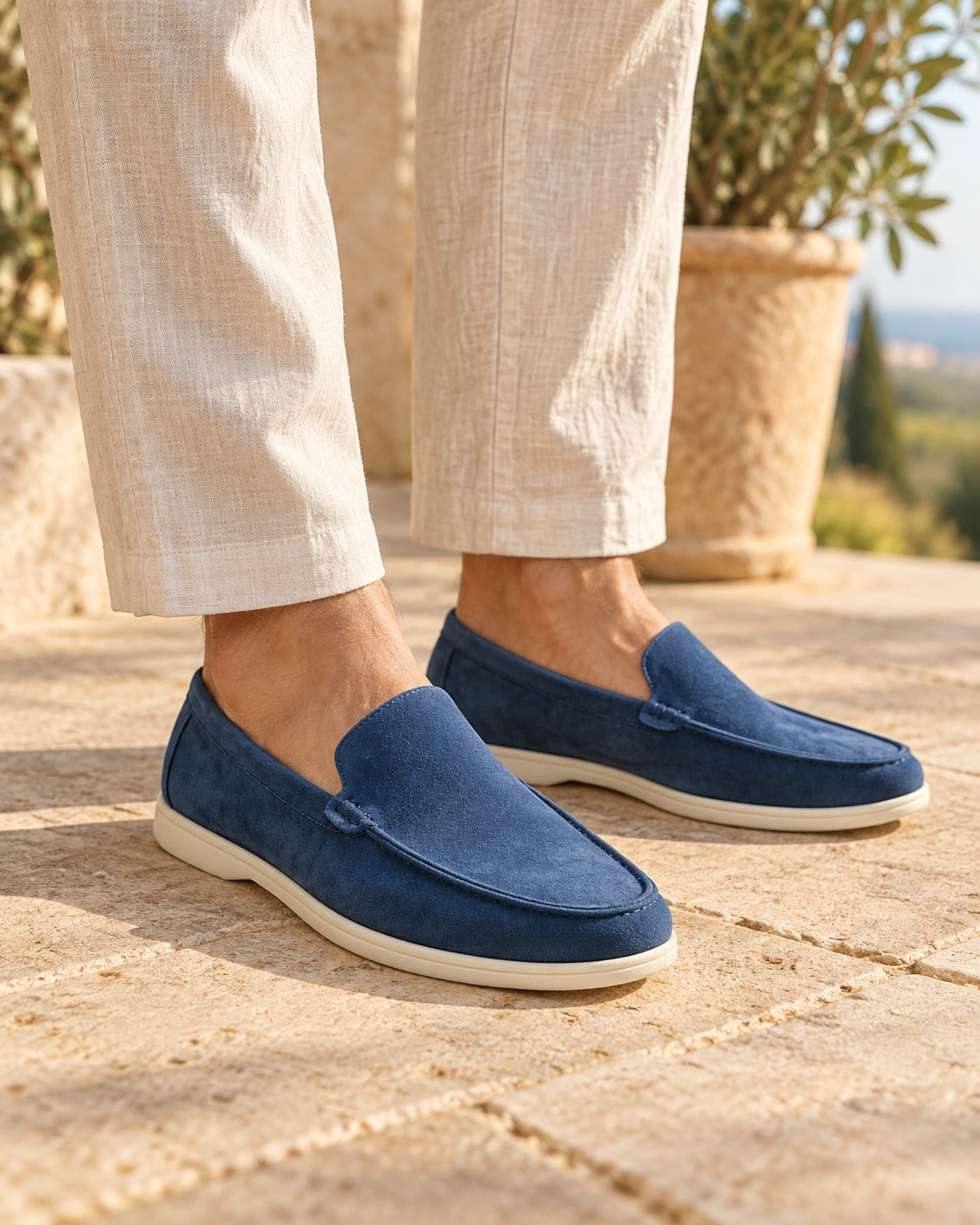 Soft Suede Slip-On Loafers in Navy — on model
