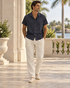 Striped Camp-Collar Set in Navy/White — on model
