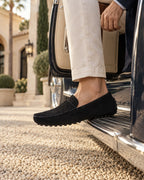 Suede Driving Loafers in Black — on model
