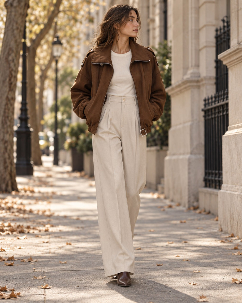 Woman wearing the Suede-Look Bomber Outfit: chocolate suede-look bomber jacket and ivory pleated wide-leg trousers