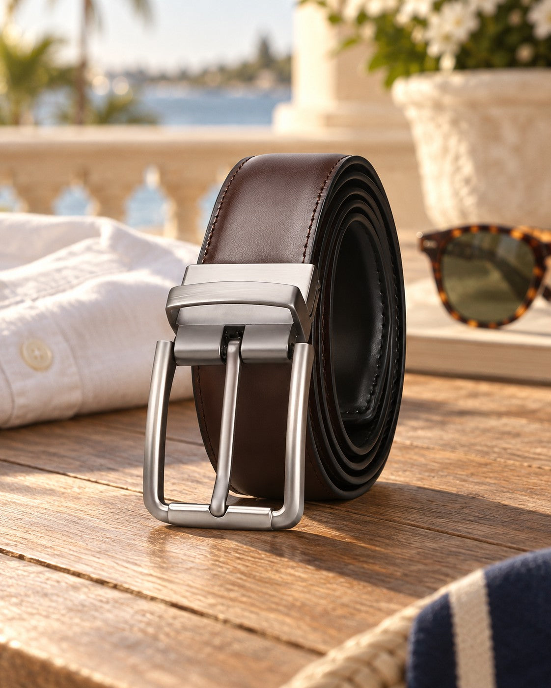 Swivel-Buckle Belt in Brown — on model
