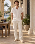 Textured Camp-Collar Set in Ivory/White — on model