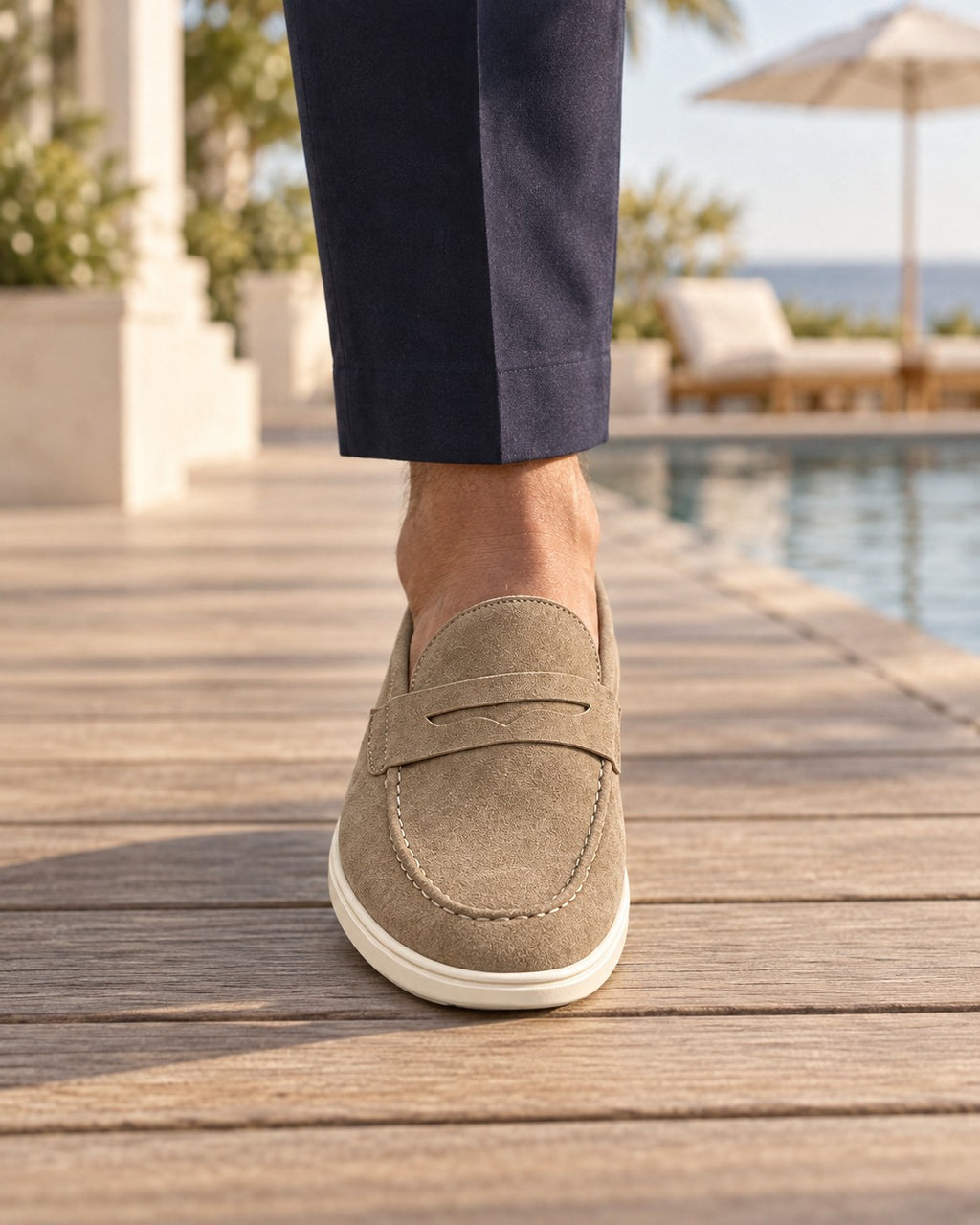 Topstitched Cream-Sole Loafers in Taupe — on model