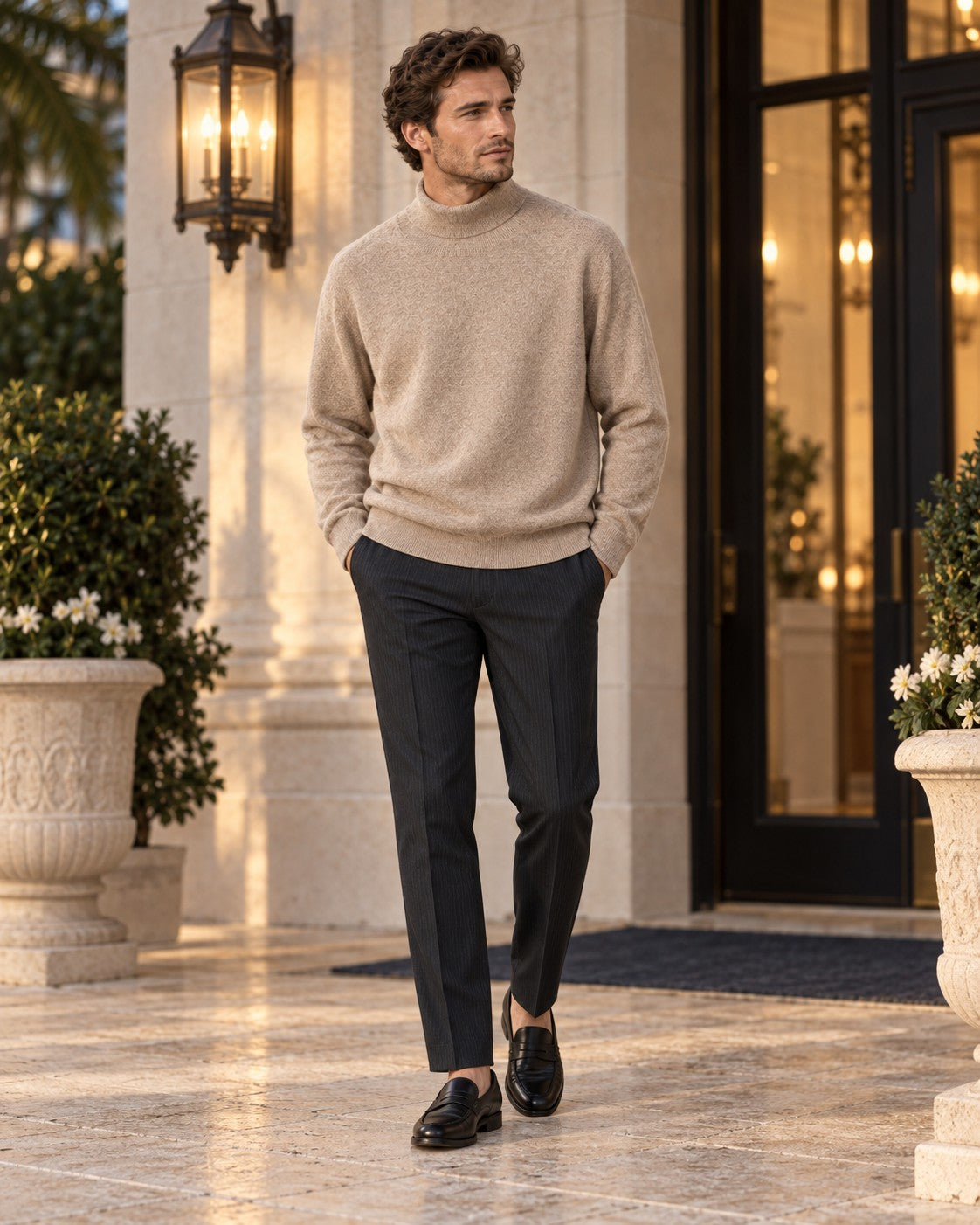 Man wearing the Town Mock-Neck Outfit: camel wool mock-neck sweater and black pinstripe trousers