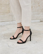 Ankle-Strap Stiletto Sandals in Black — on model