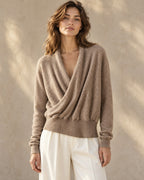 Wrap-Front Wool Sweater in Taupe — on model