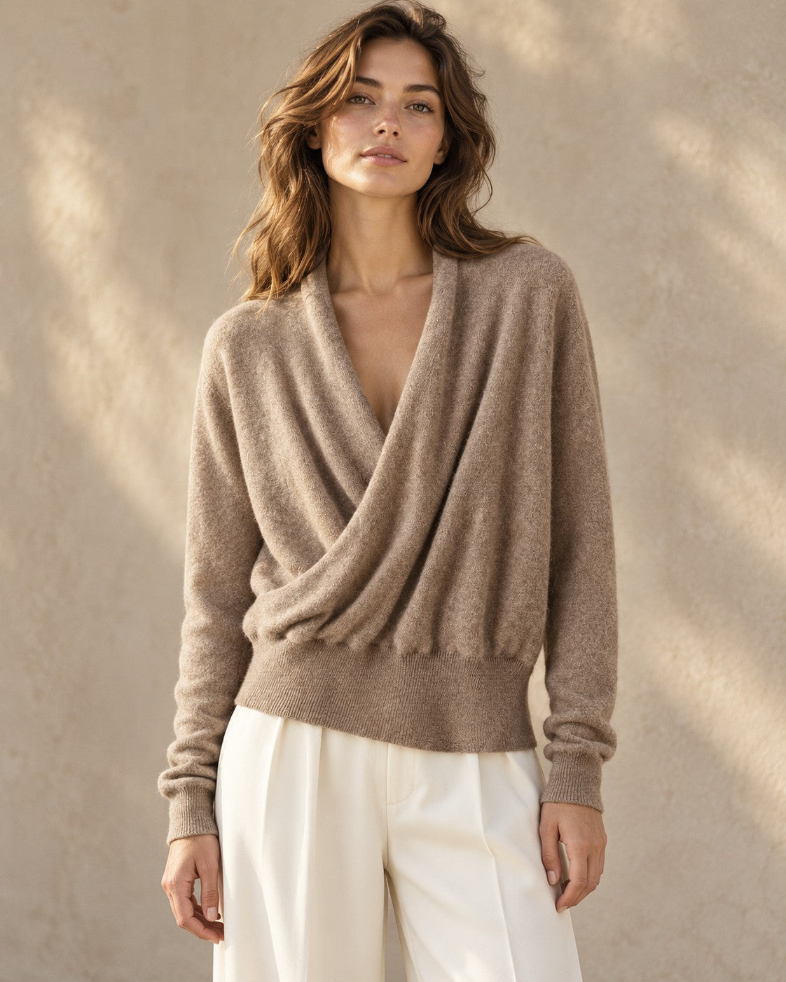 Wrap-Front Wool Sweater in Taupe — on model