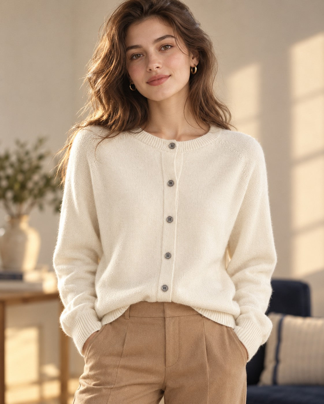 Crew-Neck Wool Cardigan in Cream — on model